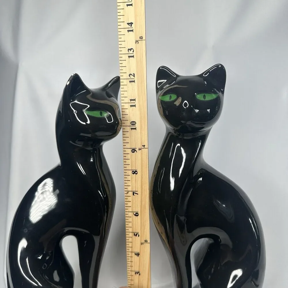 VTG Artmark Fine Ceramic Midnight Shadows Pair of Black Cats Green Eyes 12.5 in - Picture 11 of 12